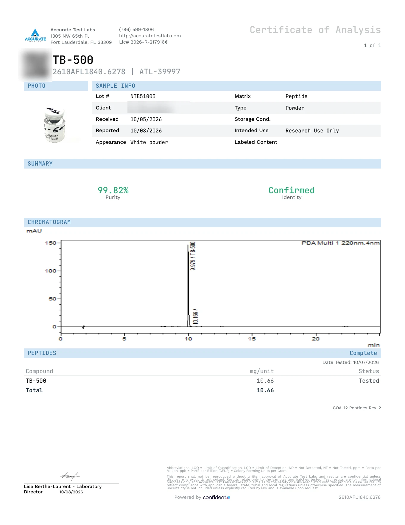 Certificate of Analysis, TB-500, lot NTB51005
