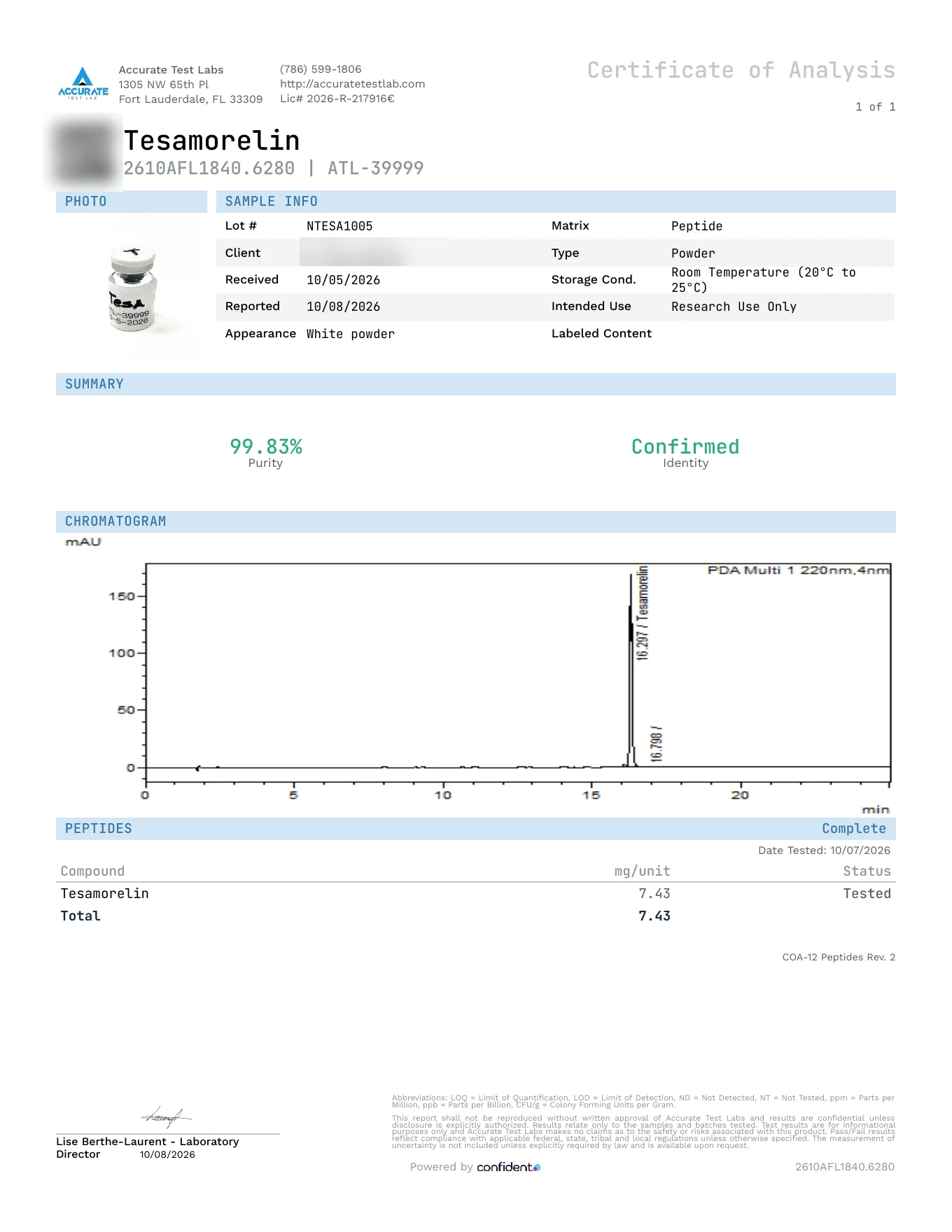 Certificate of Analysis, Tesamorelin, lot NTESA1005