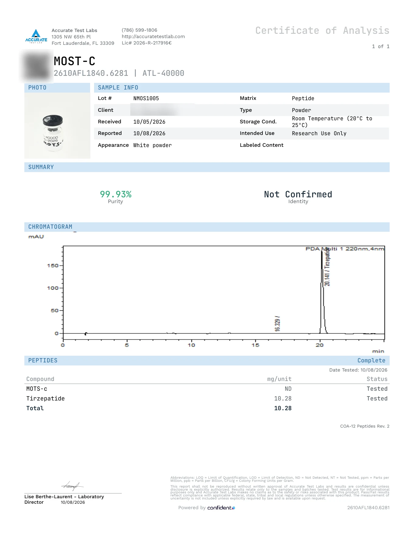Certificate of Analysis, MOTS-c, lot NMOS1005