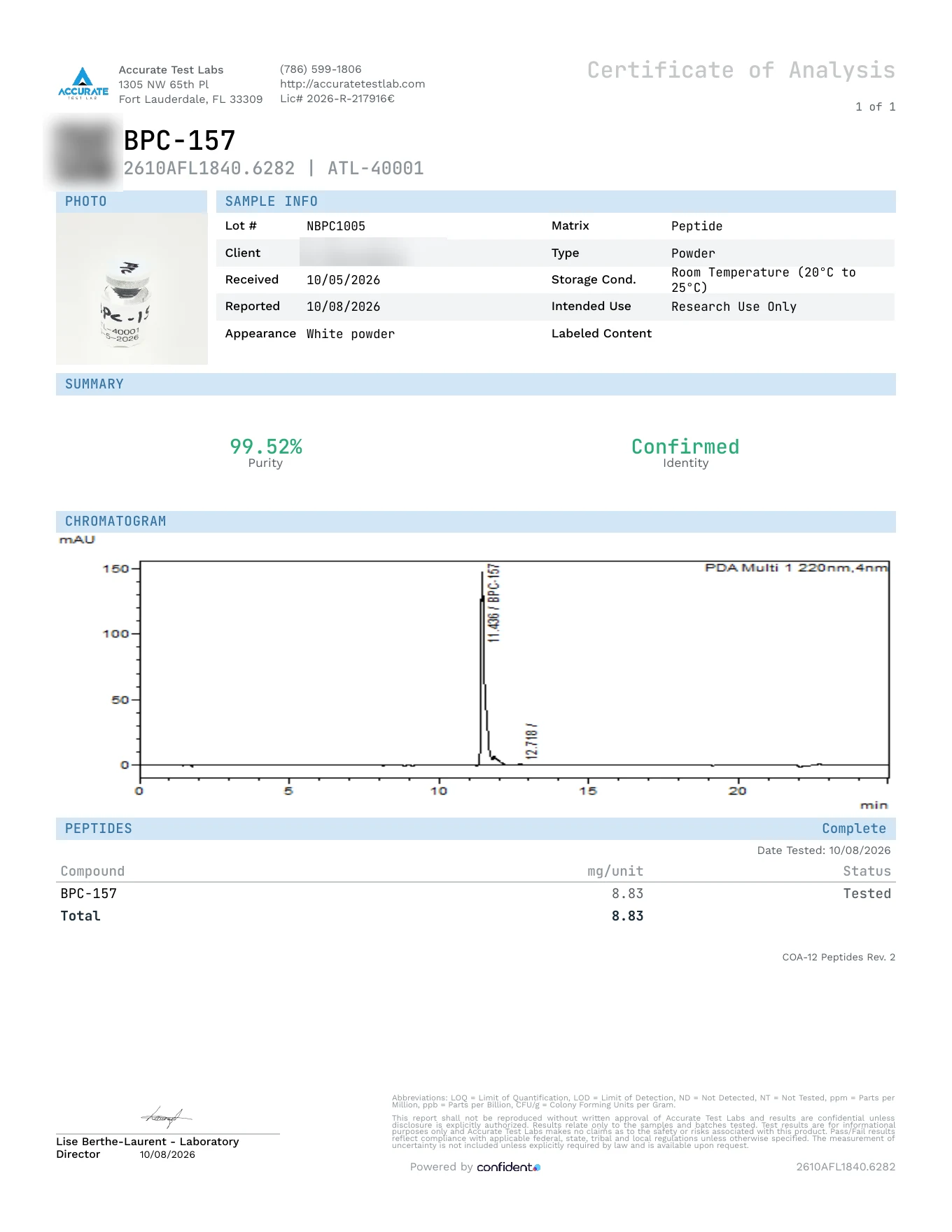 Certificate of Analysis, BPC-157, lot NBPC1005